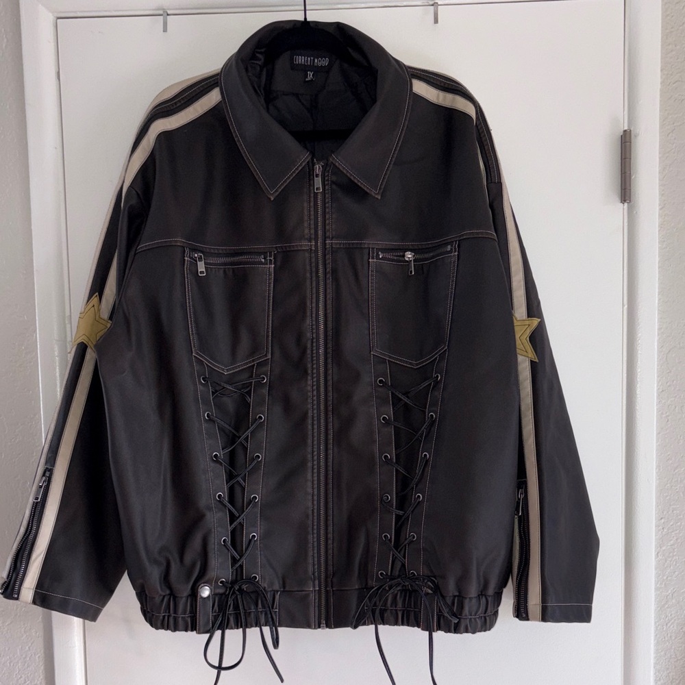 #DK327-NWOT Dolls Kill Current Mood Faux Leather Brown Jacket w-star-stripe-1X